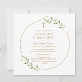Greenery Elegant Gold Cross First Holy Communion  招待状 (正面)