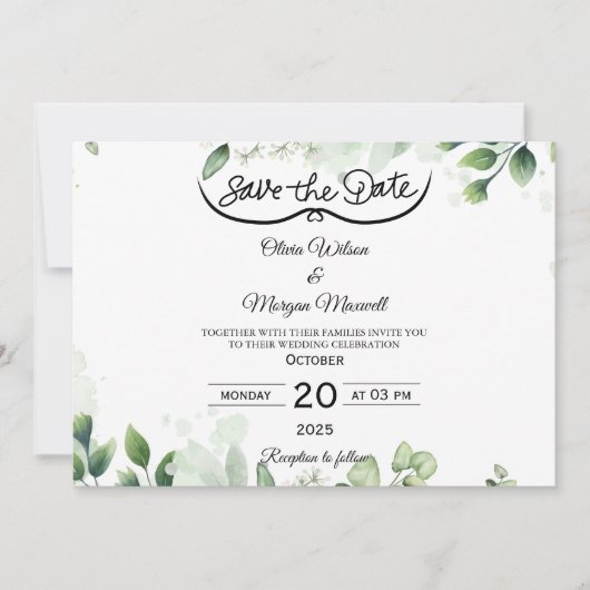 Greenery Elegant Save The Date Invitation 招待状 (正面)