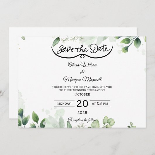 Greenery Elegant Save The Date Invitation 招待状 (正面/裏面)