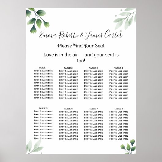 Greenery Elegant Wedding Seating Chart ポスター (正面)