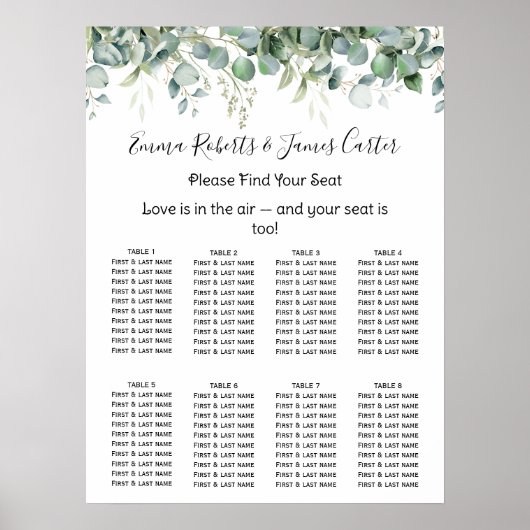 Greenery Elegant Wedding Seating Chart ポスター (正面)