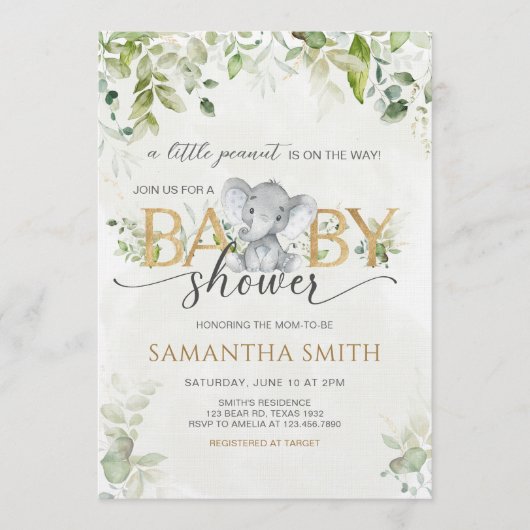 Greenery Elephant Baby Shower 招待状 (正面)