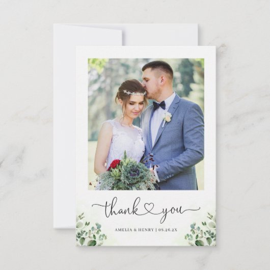 Greenery Eucalyptusハート結婚スクリプトの写真 サンキューカード (正面)