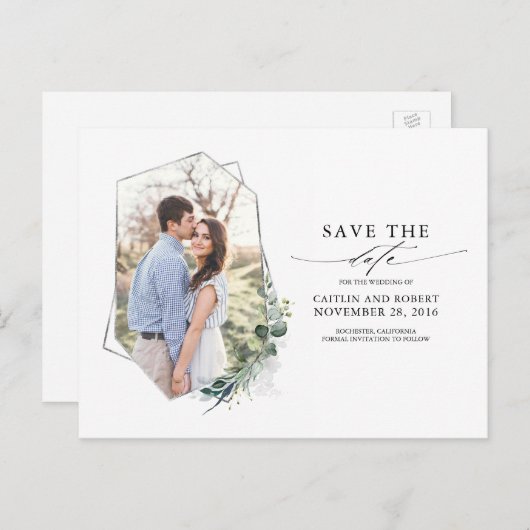 Greenery Eucalyptus写真Save the Date 案内ポストカード (正面/裏面)