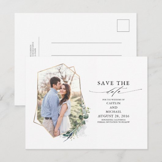 Greenery Eucalyptus写真Save the Date 案内ポストカード (正面/裏面)