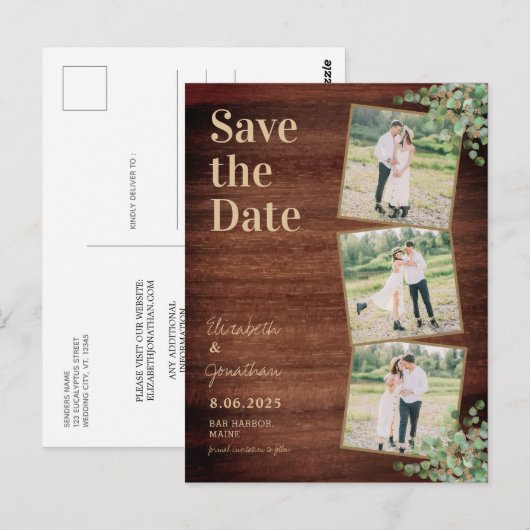 Greenery Eucalyptus素朴写真Save The Date ポストカード (正面/裏面)