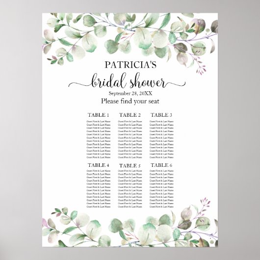 Greenery Eucalyptus Bridal Shower Seating Chart ポスター (正面)