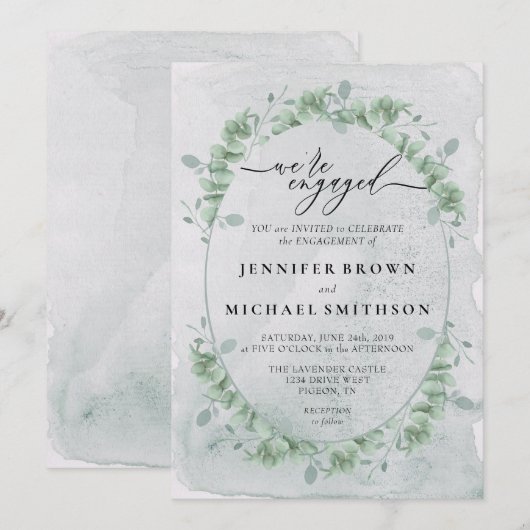 Greenery Eucalyptus Calligraphy Signature Engaged 招待状 (正面/裏面)