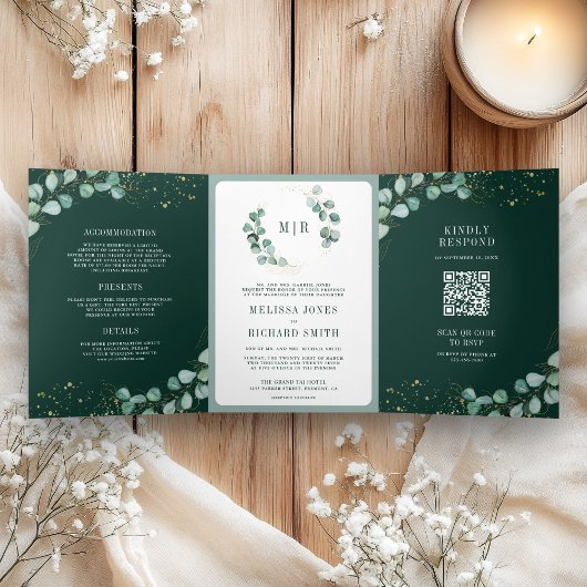 Greenery Eucalyptus Emerald Green QR Code Wedding 三つ折り招待状