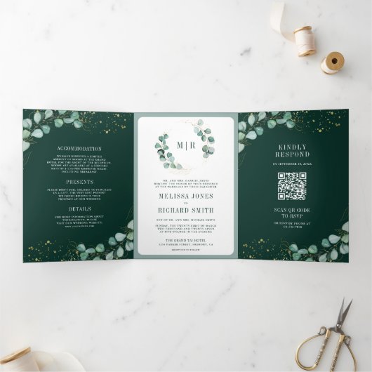 Greenery Eucalyptus Emerald Green QR Code Wedding 三つ折り招待状 (内部)