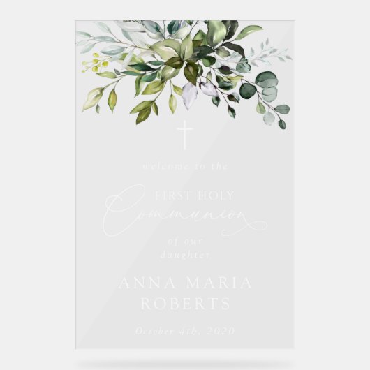 Greenery, Eucalyptus, First Holy Communion Welcome アクリルサイン (正面)