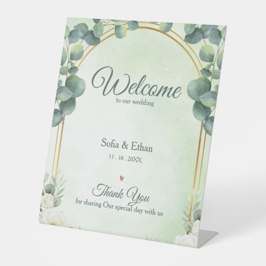 Greenery Eucalyptus Floral Welcome to Our Wedding  台座サイン (正面)