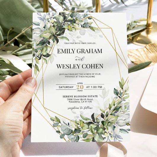 Greenery Eucalyptus Gold Geometric Wedding 招待状