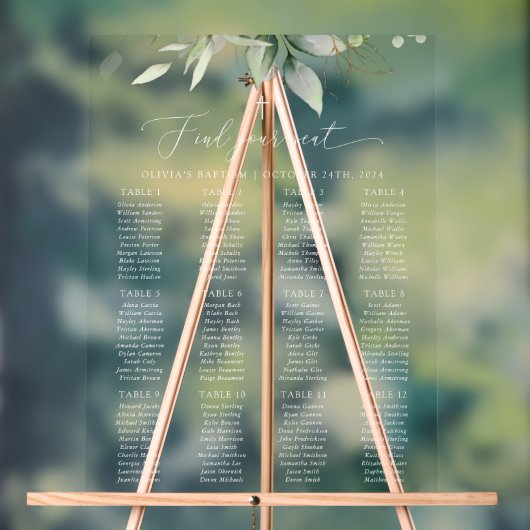 Greenery, Eucalyptus Leaves, Baptism Seating Chart アクリルサイン (ニュートラル)
