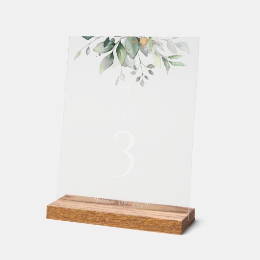 Greenery, Eucalyptus Leaves, Baptism Table Numbers アクリルサイン (傾斜)