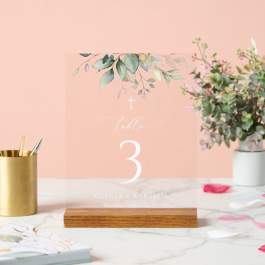 Greenery, Eucalyptus Leaves, Baptism Table Numbers アクリルサイン (ウェディング)