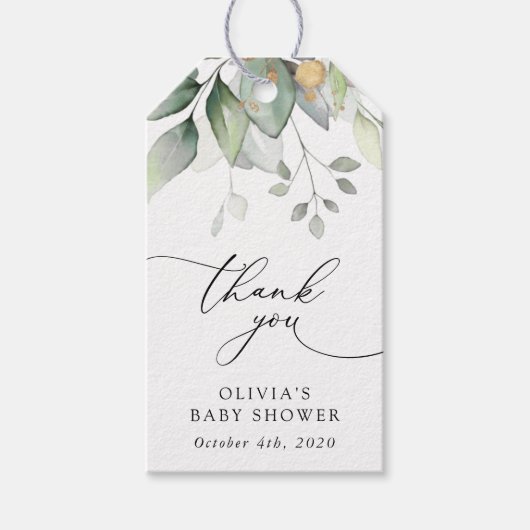 Greenery, Eucalyptus Leaves, Boho, Baby Shower ギフトタグ (正面)