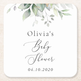 Greenery, Eucalyptus Leaves, Boho, Baby Shower スクエアペーパーコースター