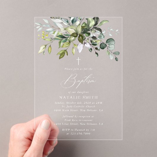 Greenery, Eucalyptus Leaves, Boho, Baptism アクリル招待状 (インサイチュ (ポータブル))