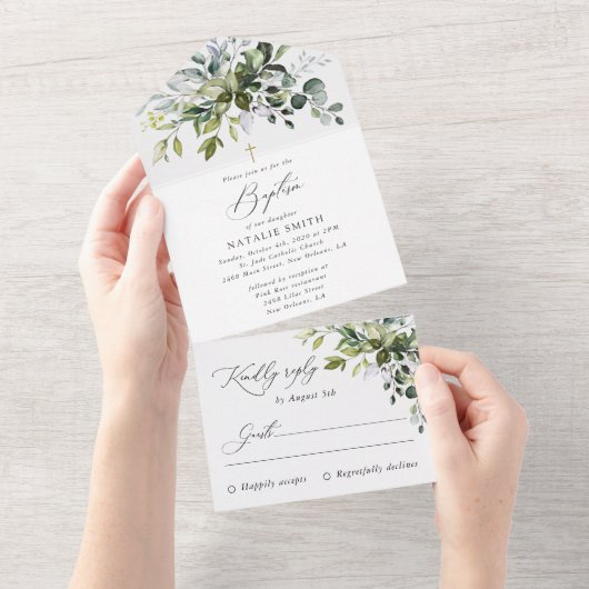Greenery, Eucalyptus Leaves, Boho, Baptism オールインワン招待状 (貼ってはがせる)
