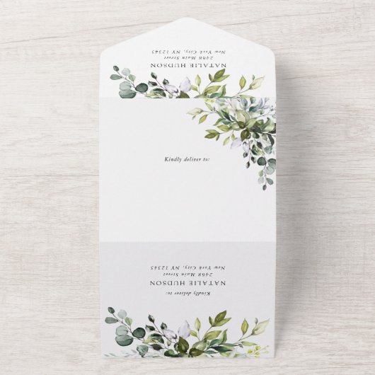 Greenery, Eucalyptus Leaves, Boho, Baptism オールインワン招待状 (外側)