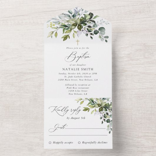 Greenery, Eucalyptus Leaves, Boho, Baptism オールインワン招待状 (内側)