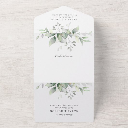 Greenery, Eucalyptus Leaves, Boho, Baptism オールインワン招待状 (外側)