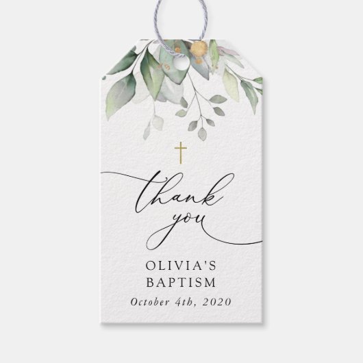 Greenery, Eucalyptus Leaves, Boho, Baptism ギフトタグ (正面)
