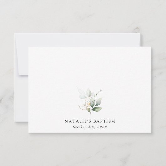 Greenery, Eucalyptus Leaves, Boho, Baptism サンキューカード (裏面)