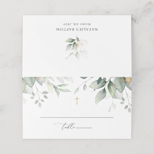 Greenery, Eucalyptus Leaves, Boho, Baptism プレイスカード (外部開封)