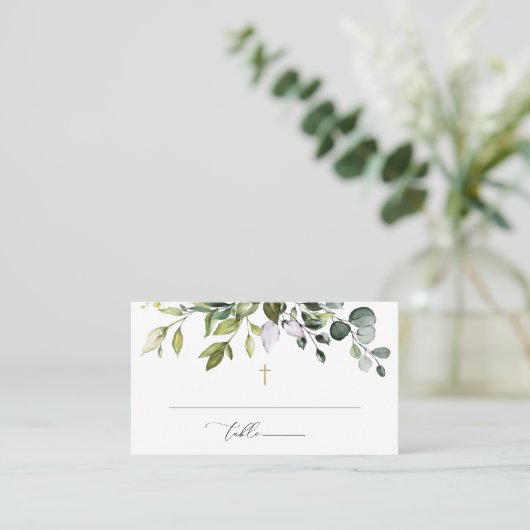 Greenery, Eucalyptus Leaves, Boho, Baptism プレイスカード (スタンド正面)