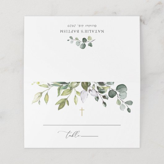 Greenery, Eucalyptus Leaves, Boho, Baptism プレイスカード (外部開封)