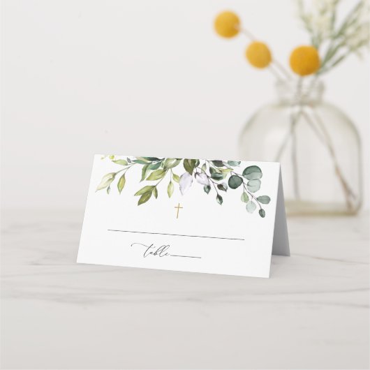 Greenery, Eucalyptus Leaves, Boho, Baptism プレイスカード (正面)
