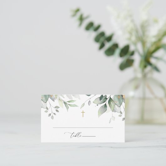 Greenery, Eucalyptus Leaves, Boho, Baptism プレイスカード (スタンド正面)