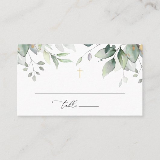 Greenery, Eucalyptus Leaves, Boho, Baptism プレイスカード (正面)