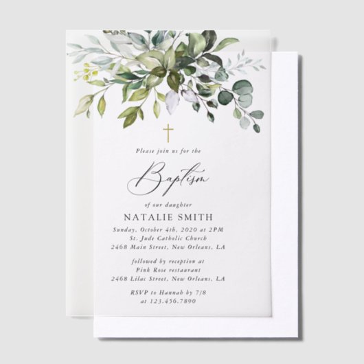 Greenery, Eucalyptus Leaves, Boho, Baptism ベラム紙招待状 (オフセット)