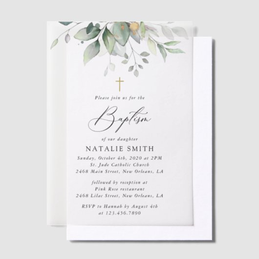 Greenery, Eucalyptus Leaves, Boho, Baptism ベラム紙招待状 (オフセット)