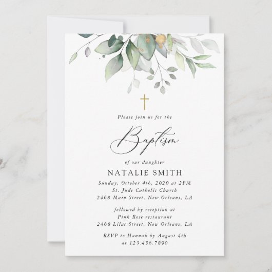 Greenery, Eucalyptus Leaves, Boho, Baptism 招待状 (正面)