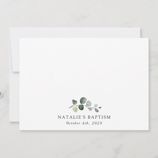 Greenery, Eucalyptus Leaves, Boho, Baptism 招待状 (裏面)