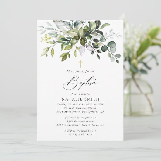 Greenery, Eucalyptus Leaves, Boho, Baptism 招待状 (スタンド正面)