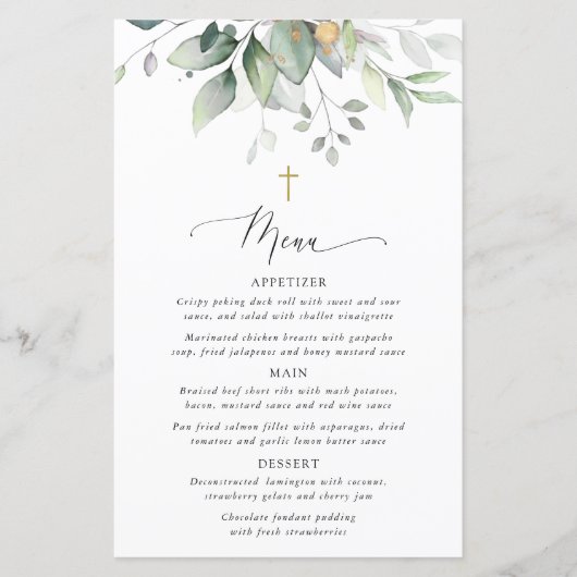 Greenery, Eucalyptus Leaves, Boho, Baptism Menu (正面)