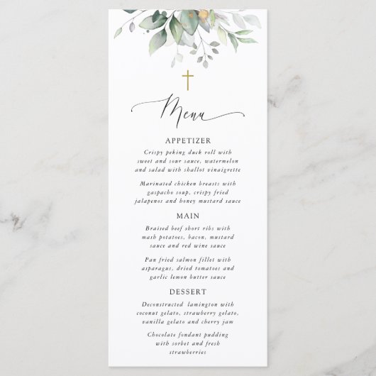 Greenery, Eucalyptus Leaves, Boho, Baptism Menu メニュー (正面)