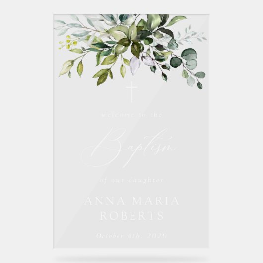 Greenery, Eucalyptus Leaves, Boho, Baptism Welcome アクリルサイン (正面)