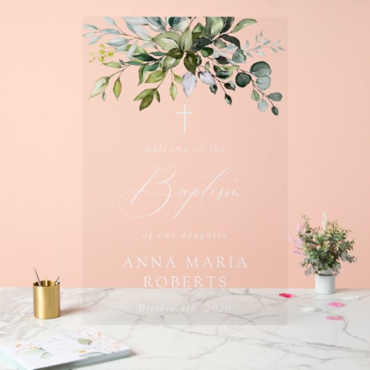 Greenery, Eucalyptus Leaves, Boho, Baptism Welcome アクリルサイン (ウェディング)