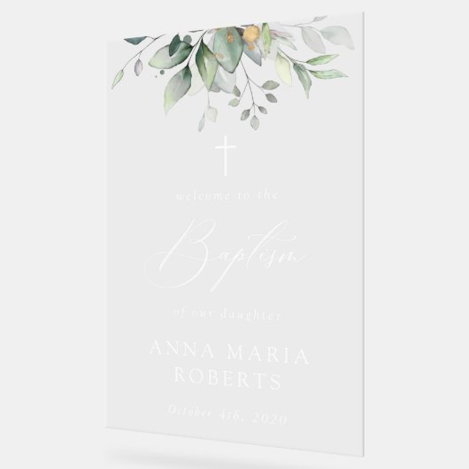 Greenery, Eucalyptus Leaves, Boho, Baptism Welcome アクリルサイン (傾斜)