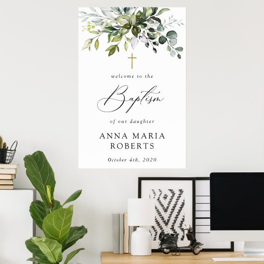 Greenery, Eucalyptus Leaves, Boho, Baptism Welcome ポスター (ホームオフィス)
