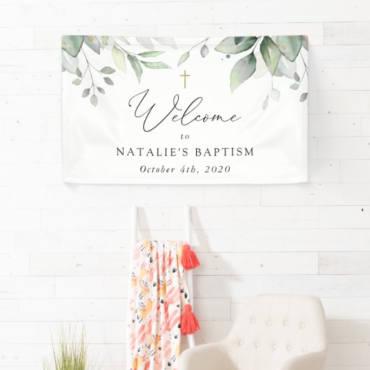 Greenery, Eucalyptus Leaves, Boho, Baptism Welcome 横断幕 (インサイチュ)