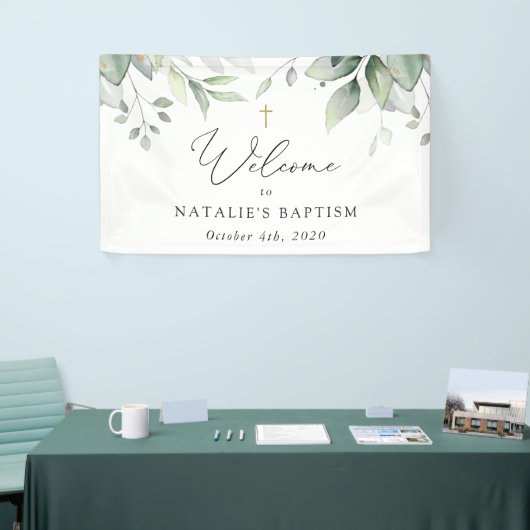 Greenery, Eucalyptus Leaves, Boho, Baptism Welcome 横断幕 (トレードショー)