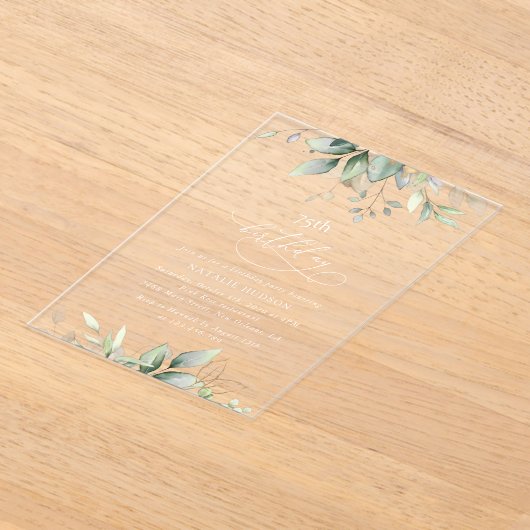 Greenery, Eucalyptus Leaves, Boho, Birthday アクリル招待状 (レイダウン)