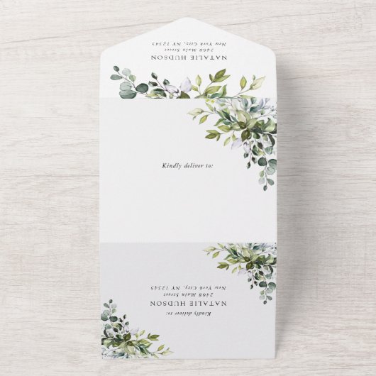 Greenery, Eucalyptus Leaves, Boho, Birthday オールインワン招待状 (外側)